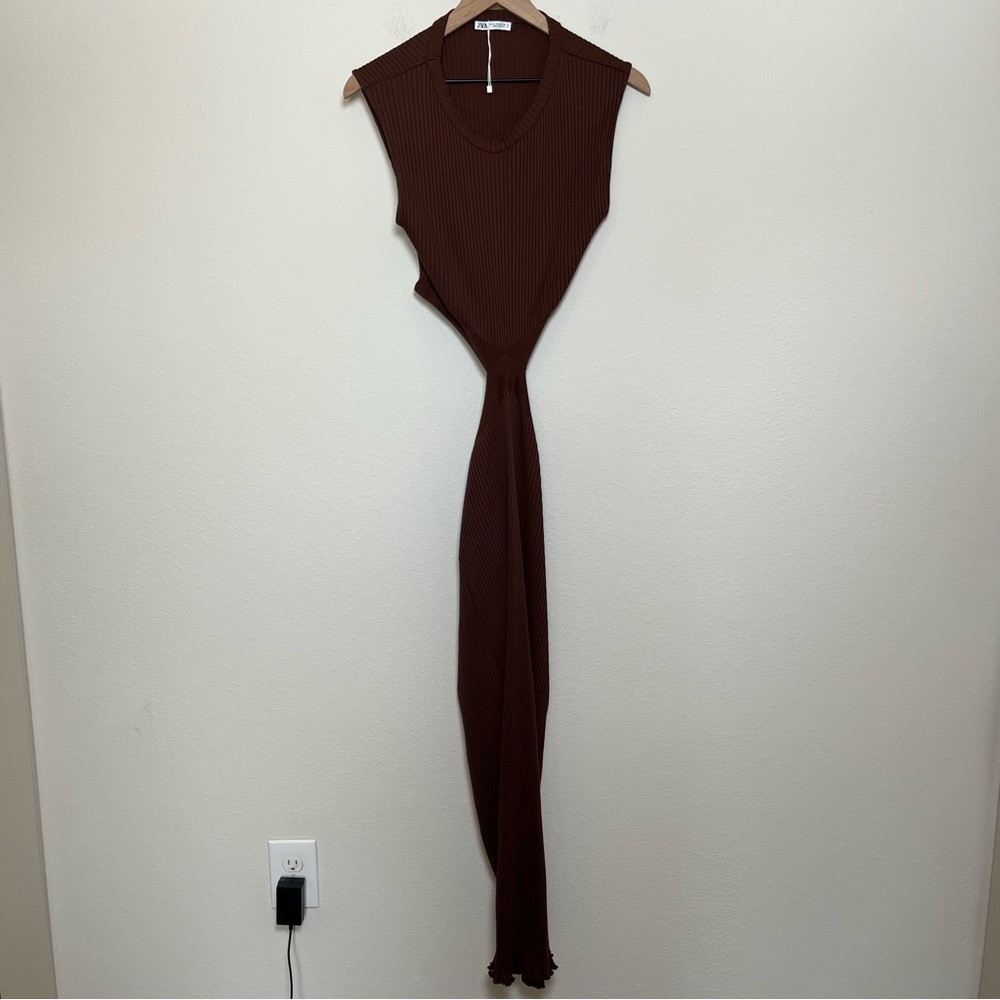 NEW Zara Women Cut Out Maxi Dress Medium Chocolate Brown Rib Knit Sleeveless - Picture 5 of 12